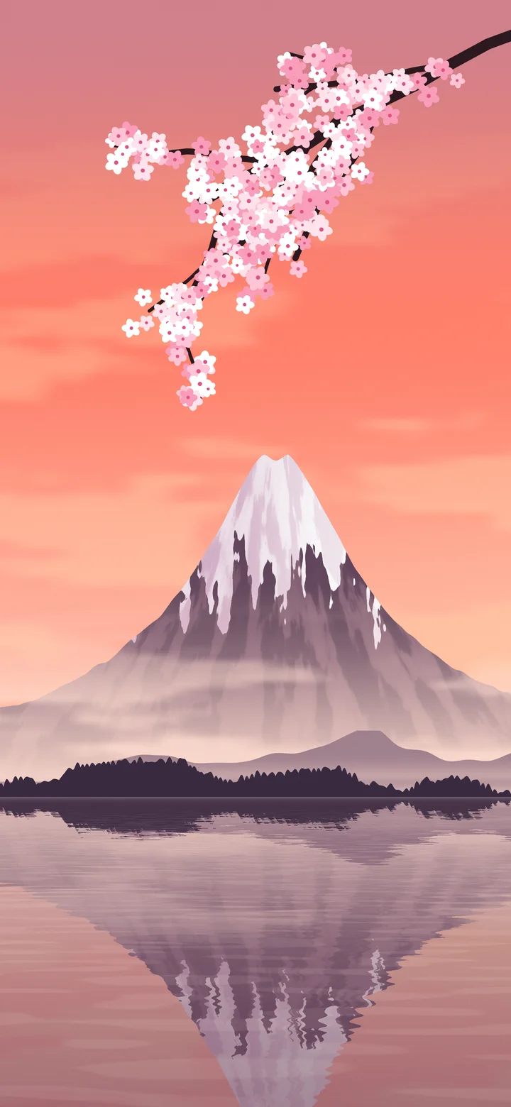 Coral Japanese Mountain and Cherry Blossom wallpaper for iPhone and Android