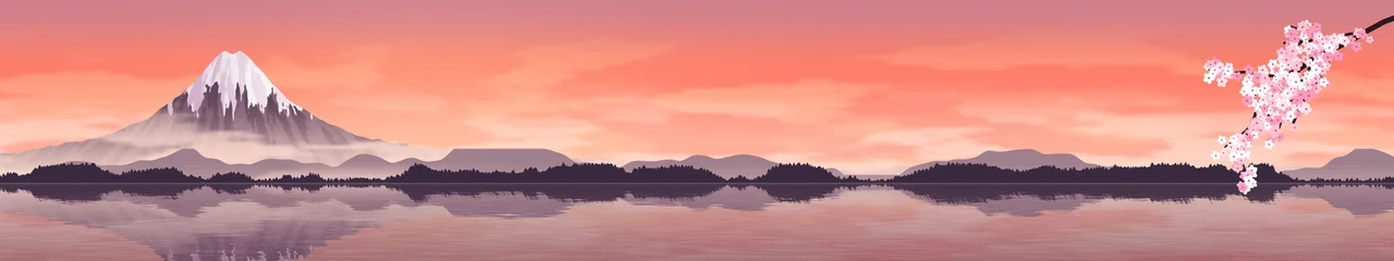 Coral Japanese Mountain and Cherry Blossom triple monitor wallpaper, 7680 × 1440