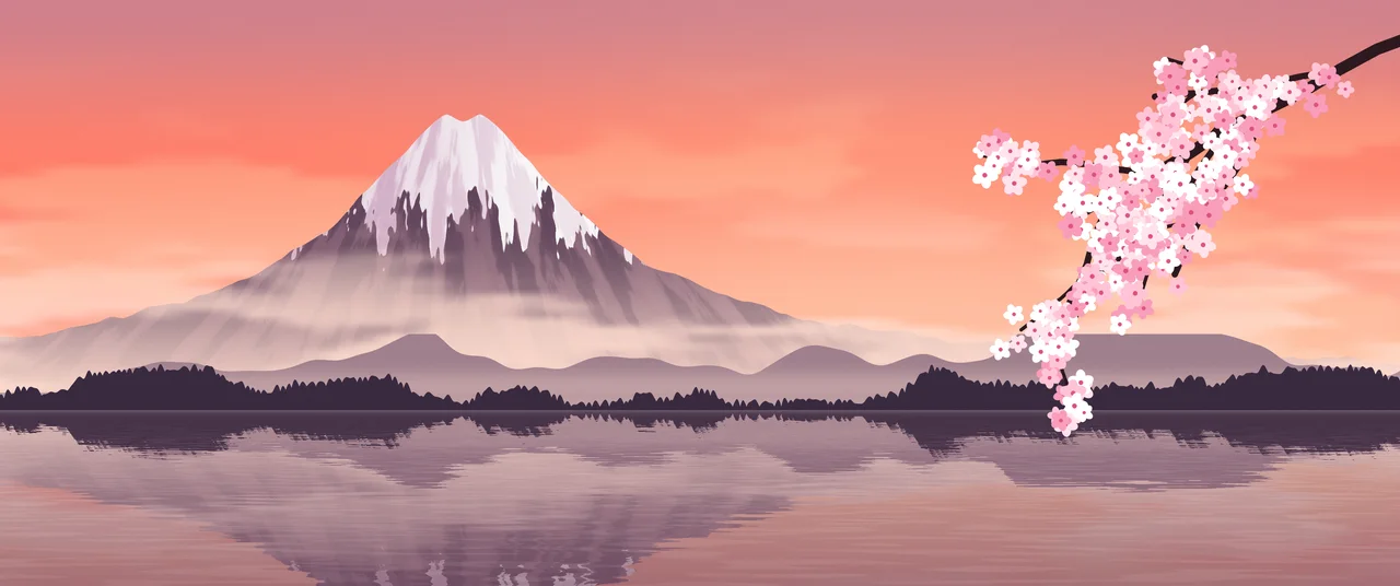 Coral Japanese Mountain and Cherry Blossom ultrawide wallpaper, 3440 × 1440