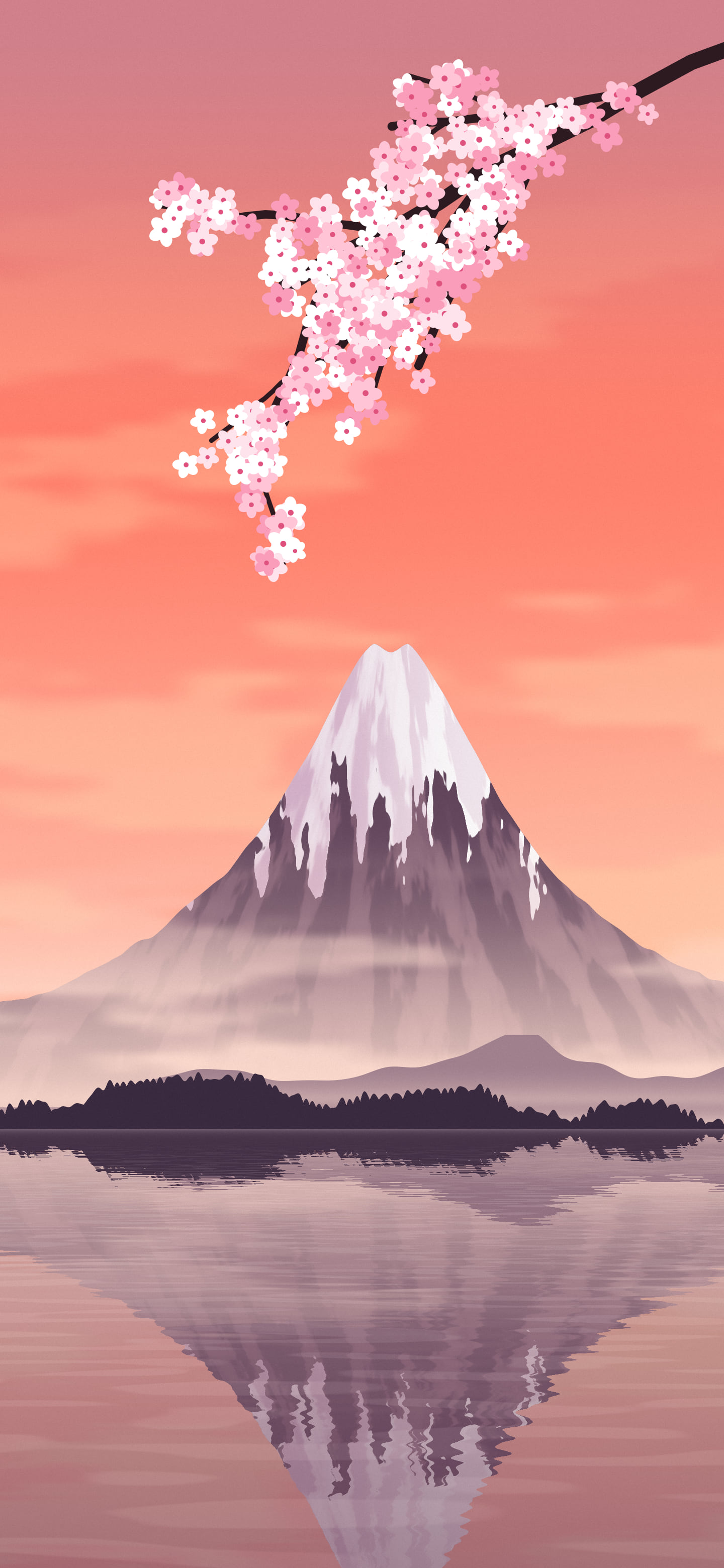 Coral Japanese Mountain and Cherry Blossom wallpaper for iPhone and Android