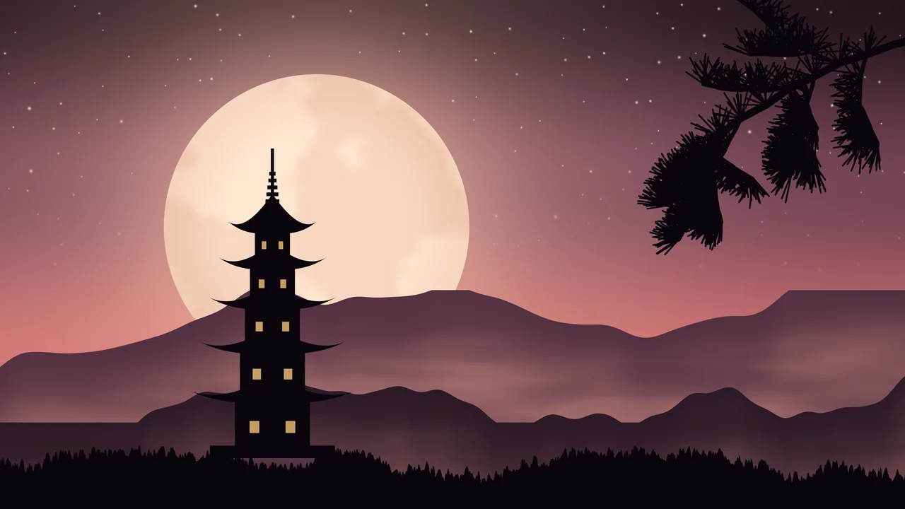 Coral Japanese Pagoda and Moon desktop wallpaper in 4K