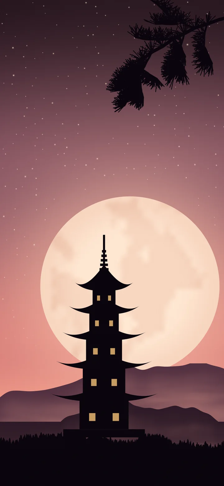 Coral Japanese Pagoda and Moon wallpaper for iPhone and Android