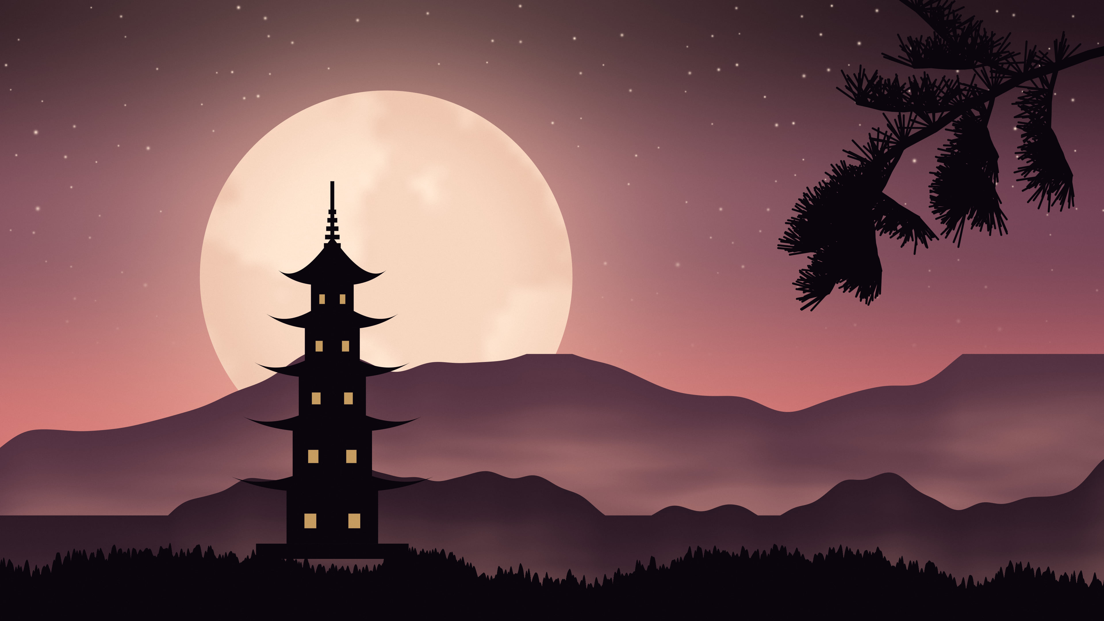 Coral Japanese Pagoda and Moon desktop wallpaper in 4K