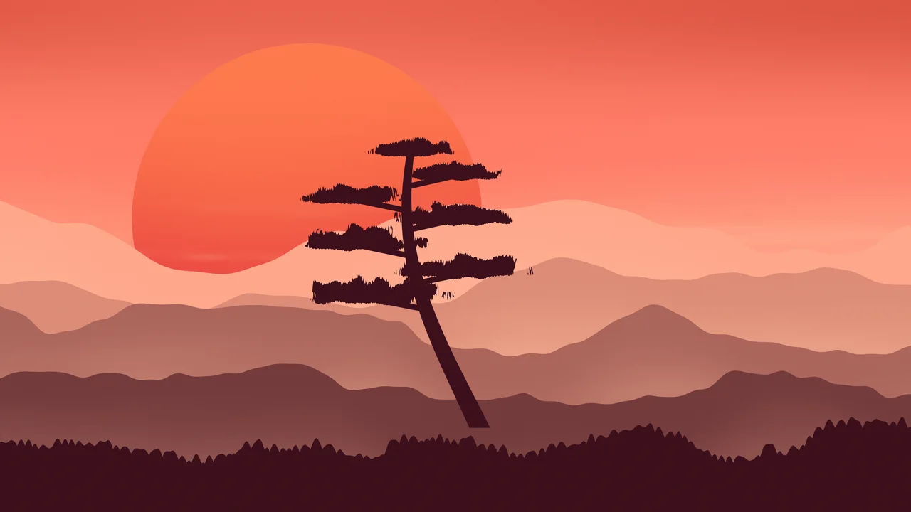 Coral Japanese Sun and Misty Mountains desktop wallpaper in 4K