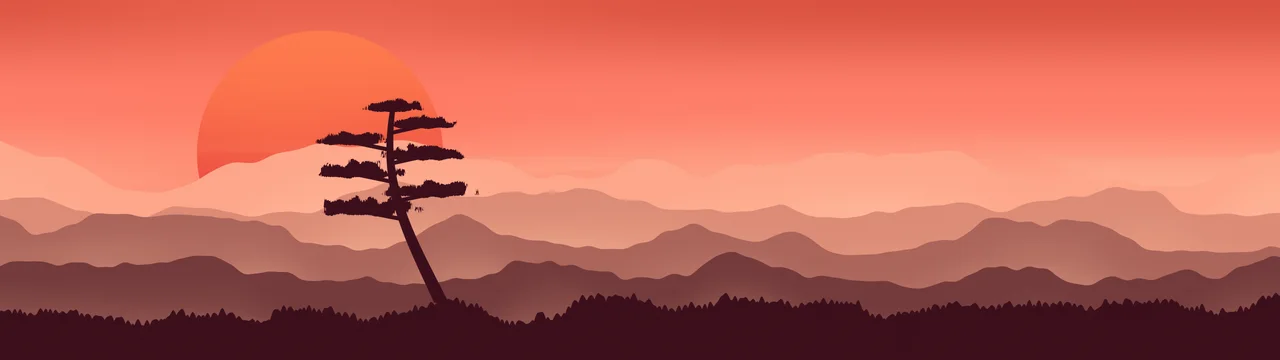 Coral Japanese Sun and Misty Mountains dual monitor wallpaper, 7680 × 2160