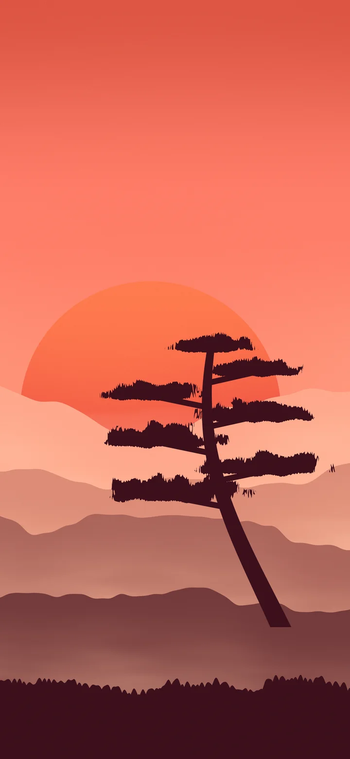 Coral Japanese Sun and Misty Mountains wallpaper for iPhone and Android