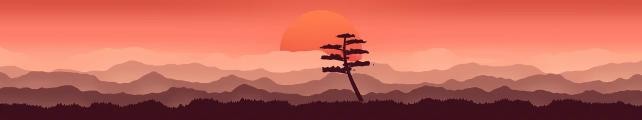 Coral Japanese Sun and Misty Mountains triple monitor wallpaper, 7680 × 1440