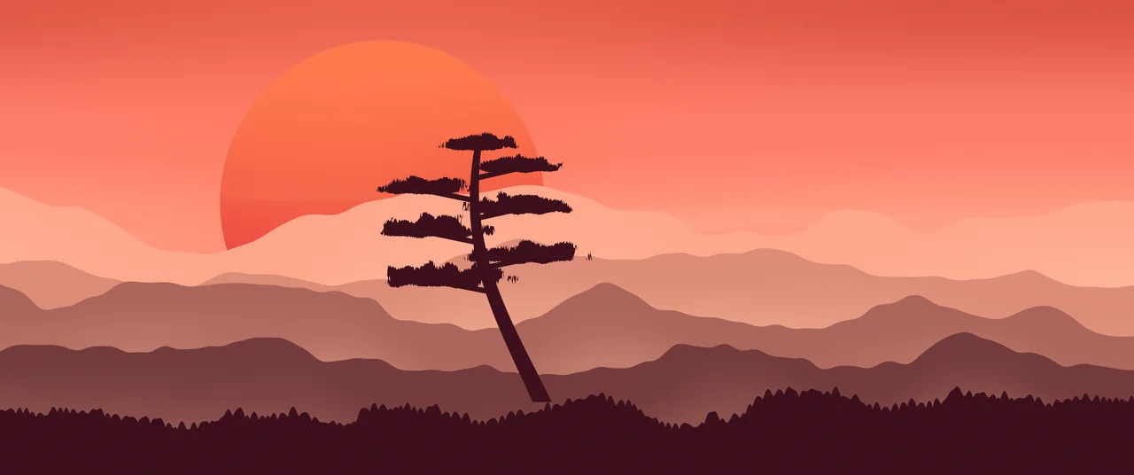 Coral Japanese Sun and Misty Mountains ultrawide wallpaper, 3440 × 1440