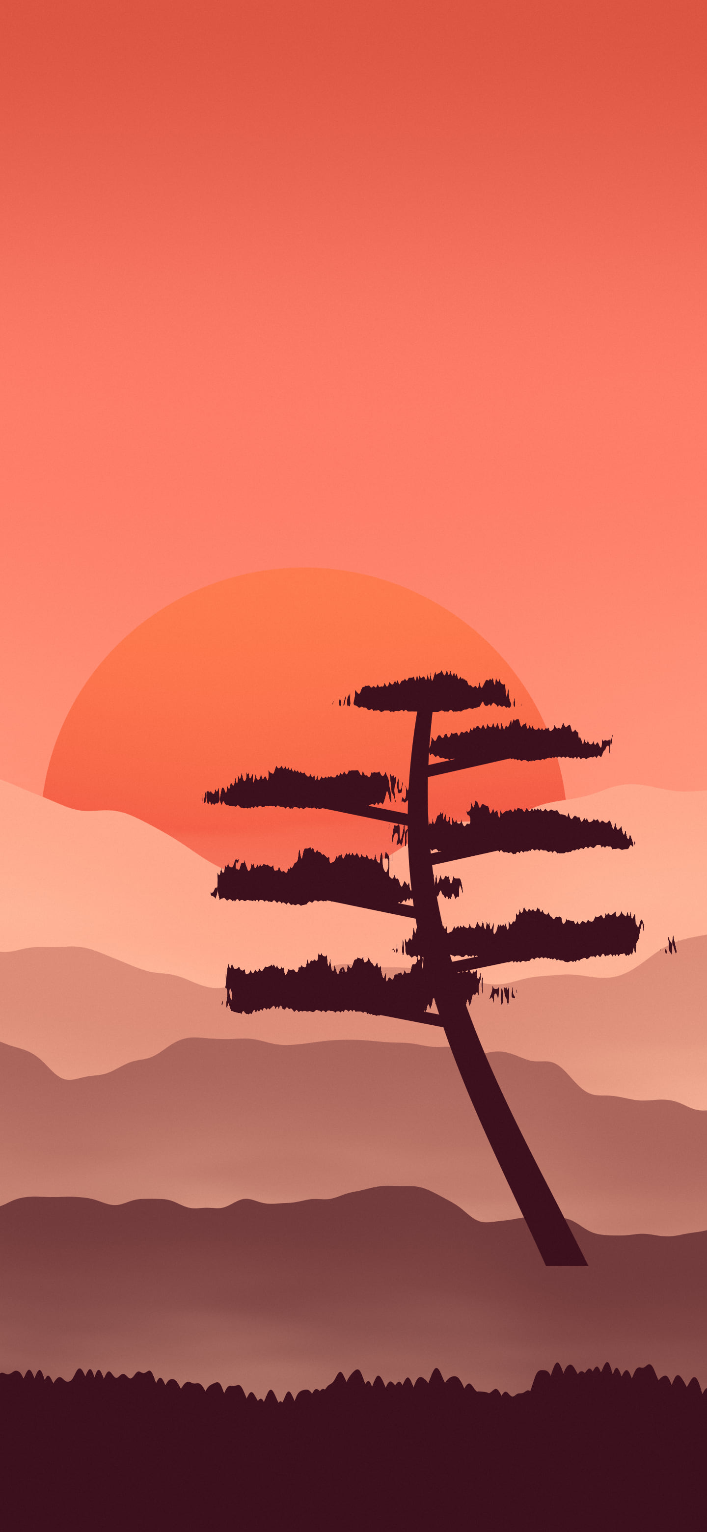 Coral Japanese Sun and Misty Mountains wallpaper for iPhone and Android