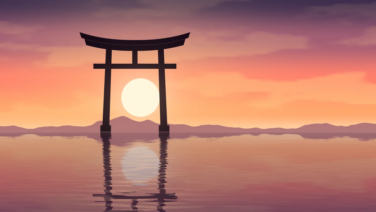 Coral Japanese Torii Gate Sunset desktop wallpaper in 4K