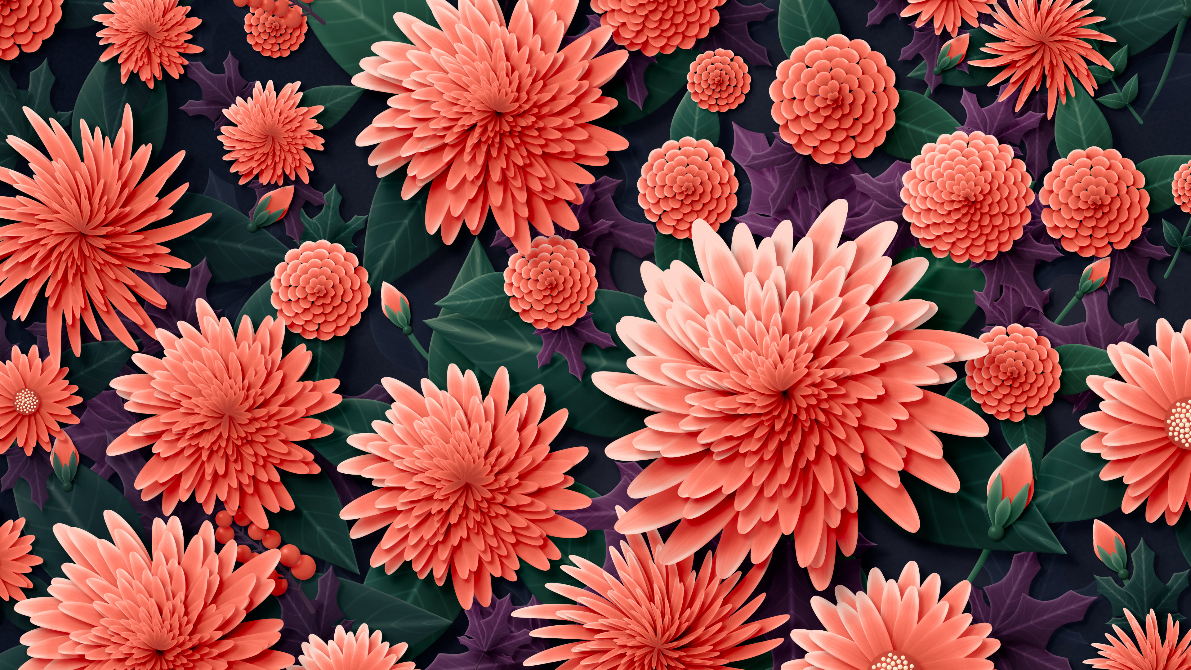 Coral Paper Chrysanthemums desktop wallpaper in 4K