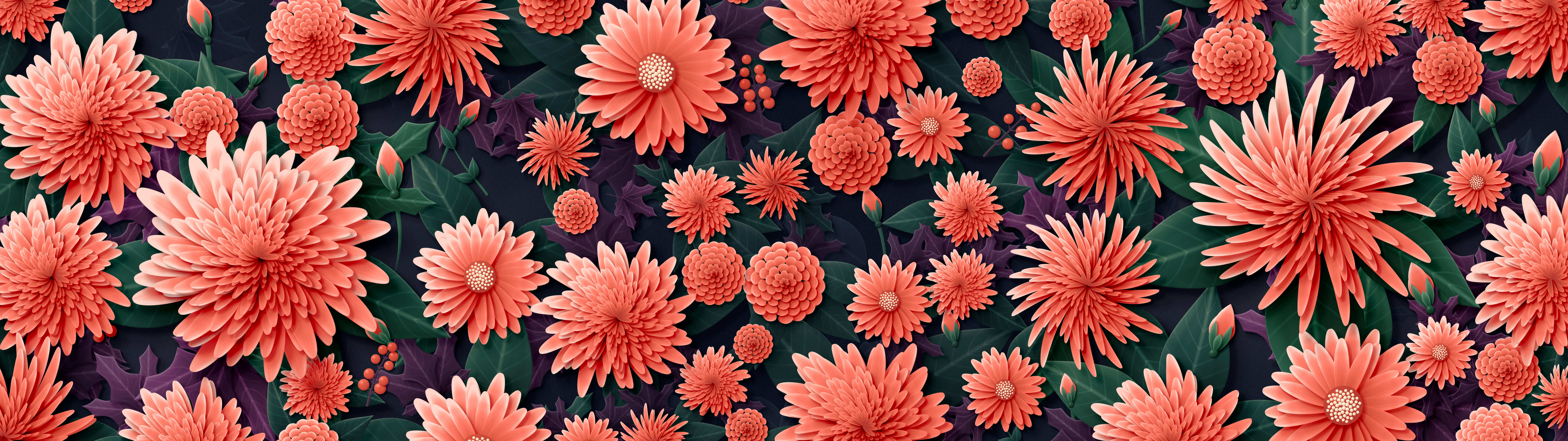 Coral Paper Chrysanthemums dual monitor wallpaper, 7680 × 2160