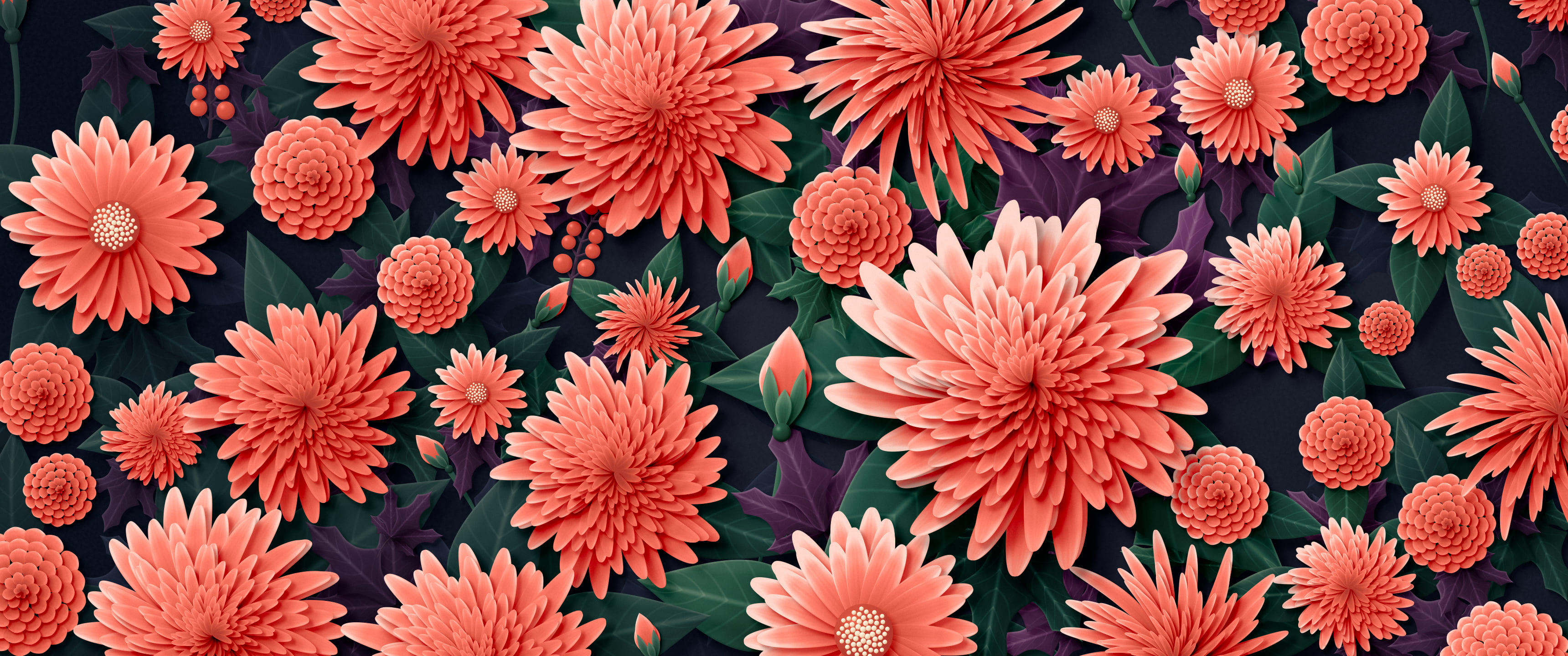 Coral Paper Chrysanthemums ultrawide wallpaper, 3440 × 1440