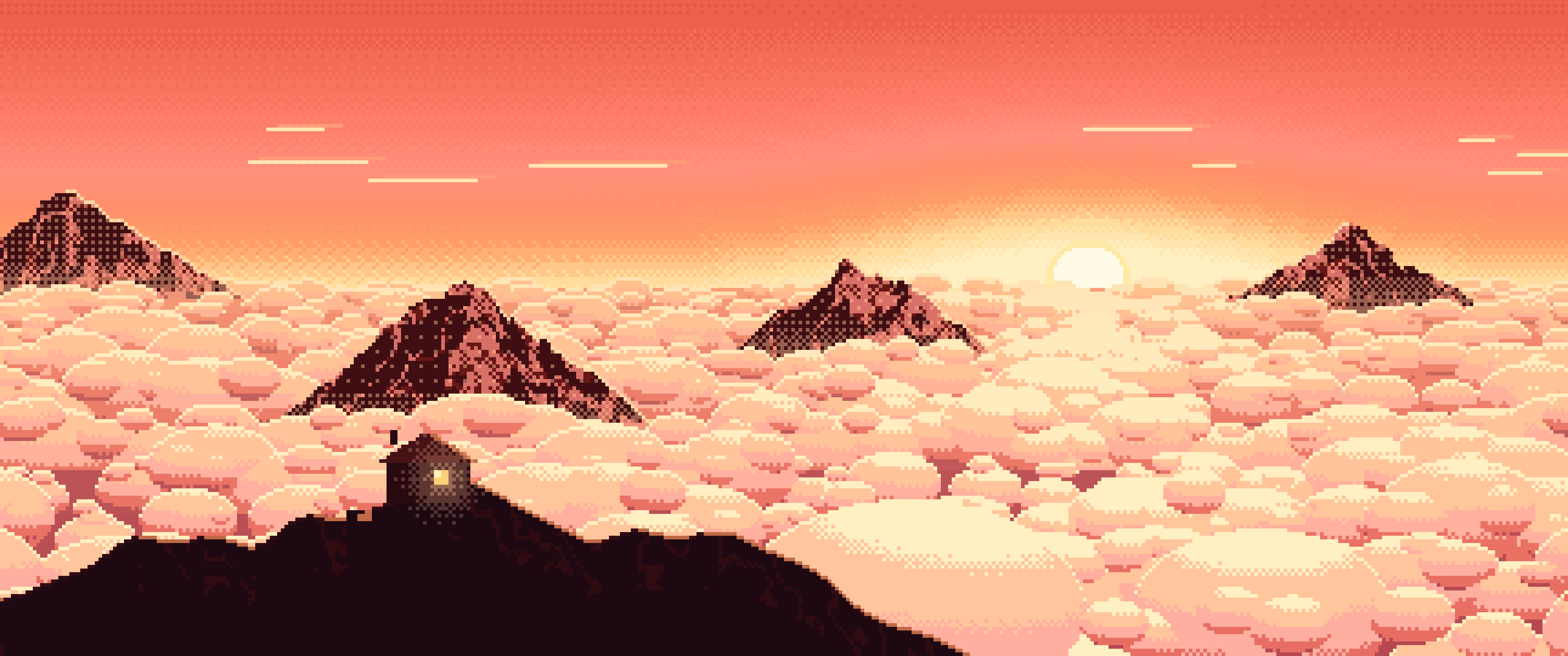 Coral Pixel Art Above the Clouds at Sunrise ultrawide wallpaper, 3440 × 1440