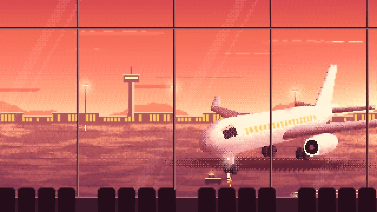 Coral Pixel Art Airplane at the Airport at Dusk desktop wallpaper in 4K