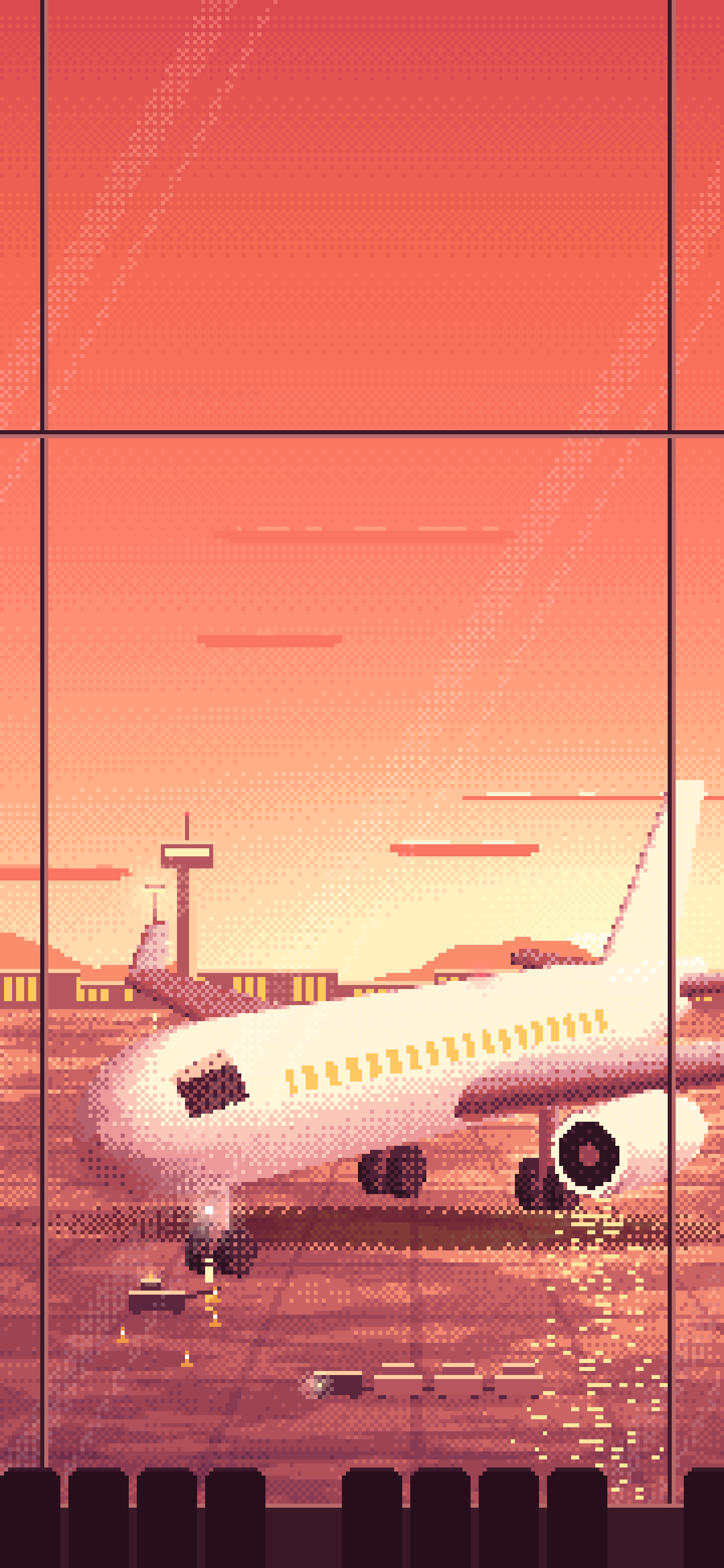 Coral Pixel Art Airplane at the Airport at Dusk wallpaper for iPhone and Android