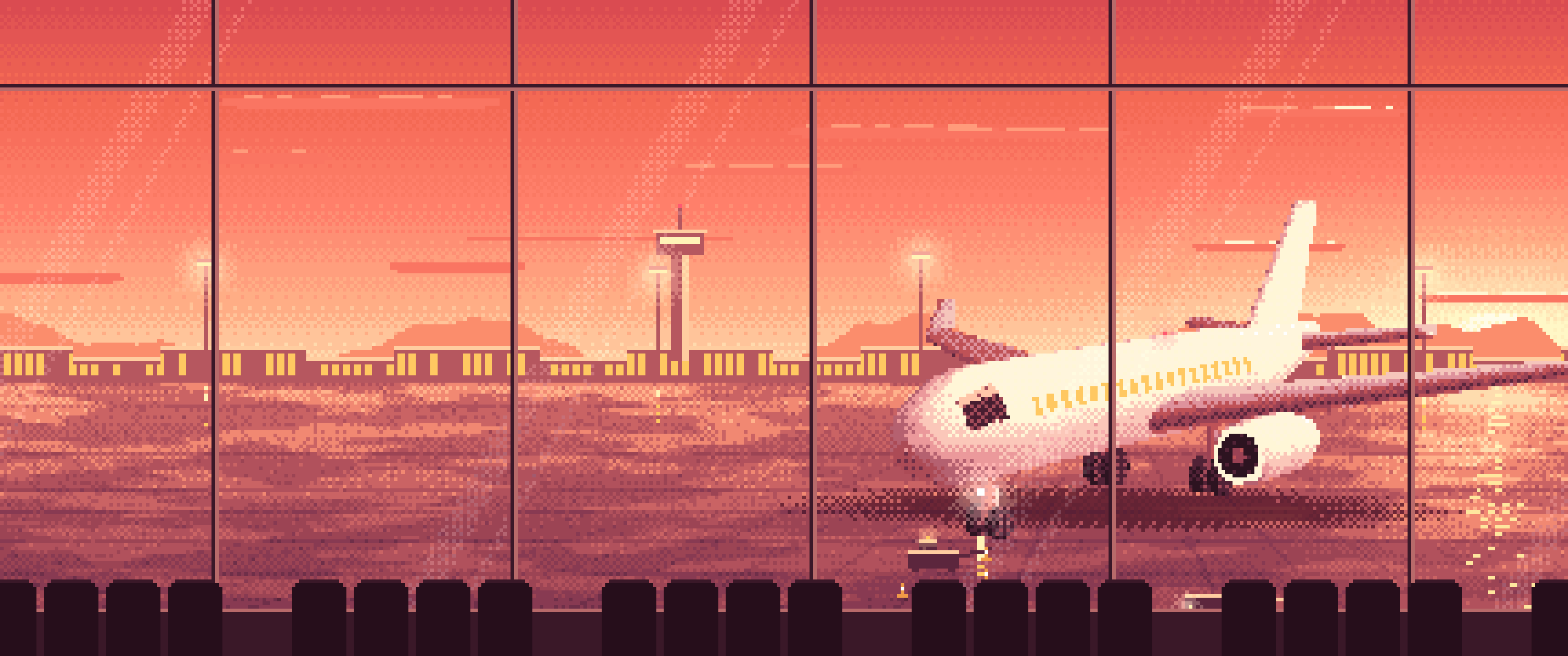 Coral Pixel Art Airplane at the Airport at Dusk ultrawide wallpaper, 3440 × 1440