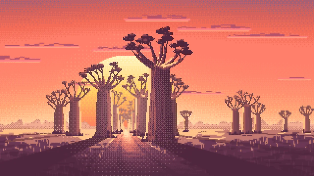 Coral Pixel Art Baobab Trees at Sunset desktop wallpaper in 4K