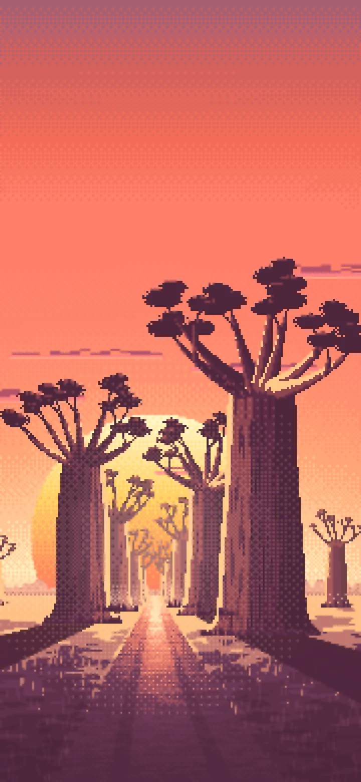 Coral Pixel Art Baobab Trees at Sunset wallpaper for iPhone and Android