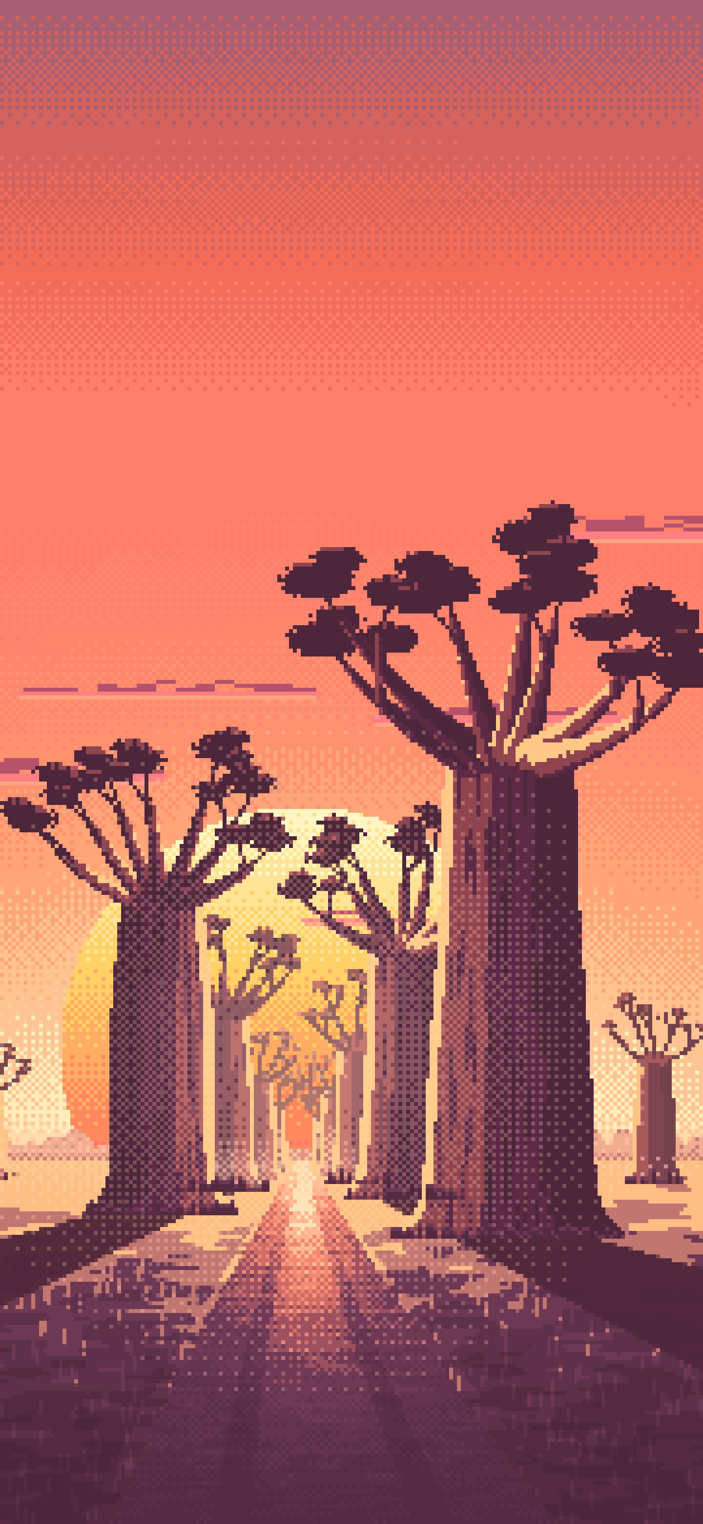 Coral Pixel Art Baobab Trees at Sunset wallpaper for iPhone and Android