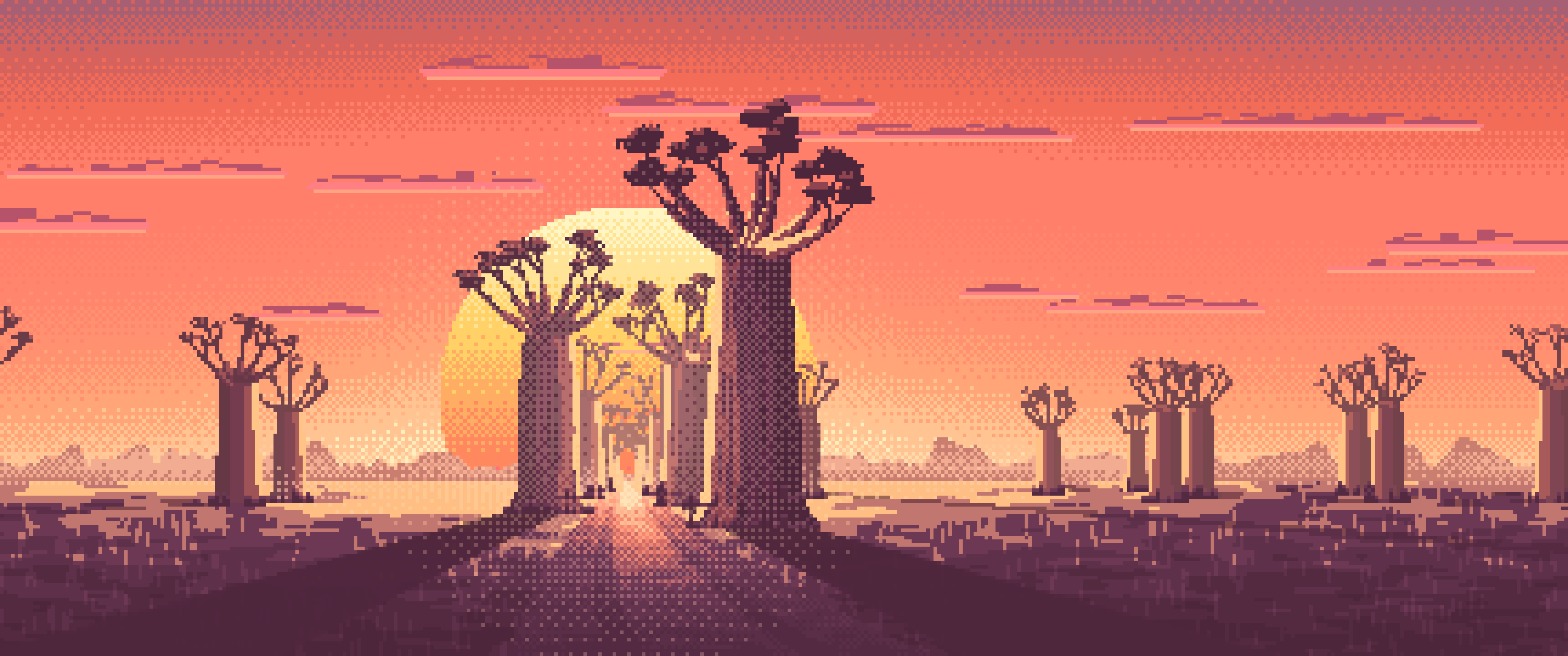 Coral Pixel Art Baobab Trees at Sunset ultrawide wallpaper, 3440 × 1440
