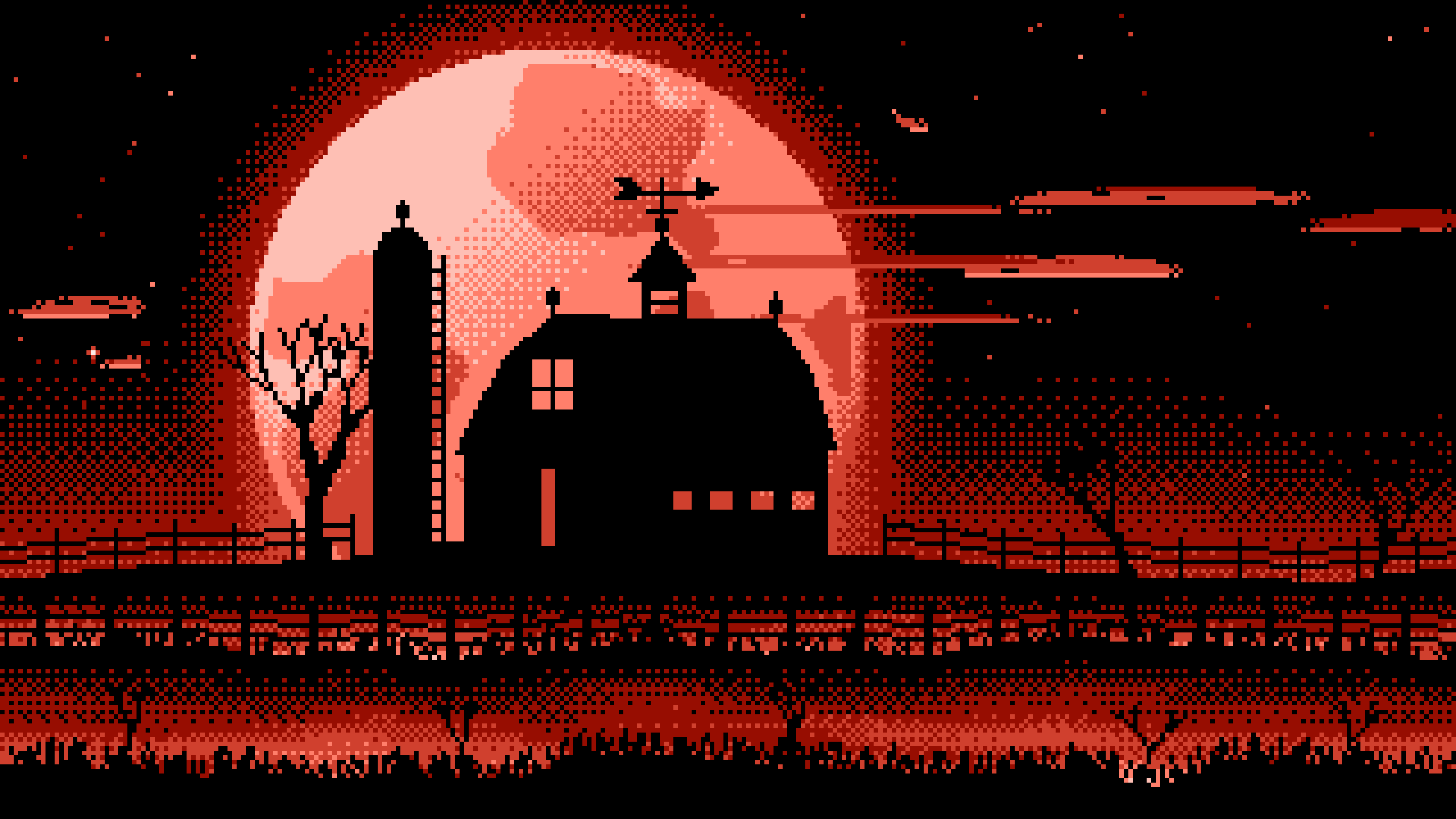 Coral Pixel Art Barn and Harvest Moon desktop wallpaper in 4K