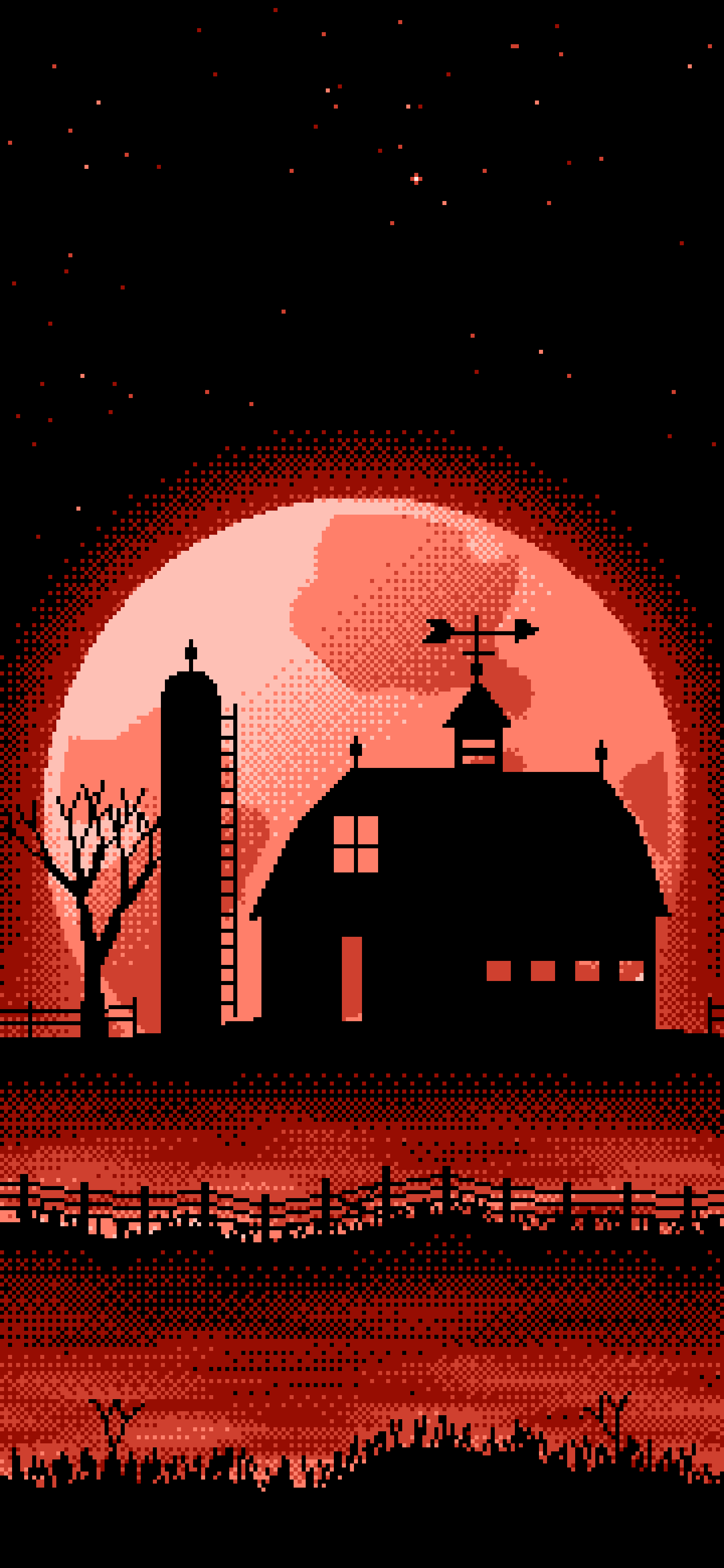 Coral Pixel Art Barn and Harvest Moon wallpaper for iPhone and Android