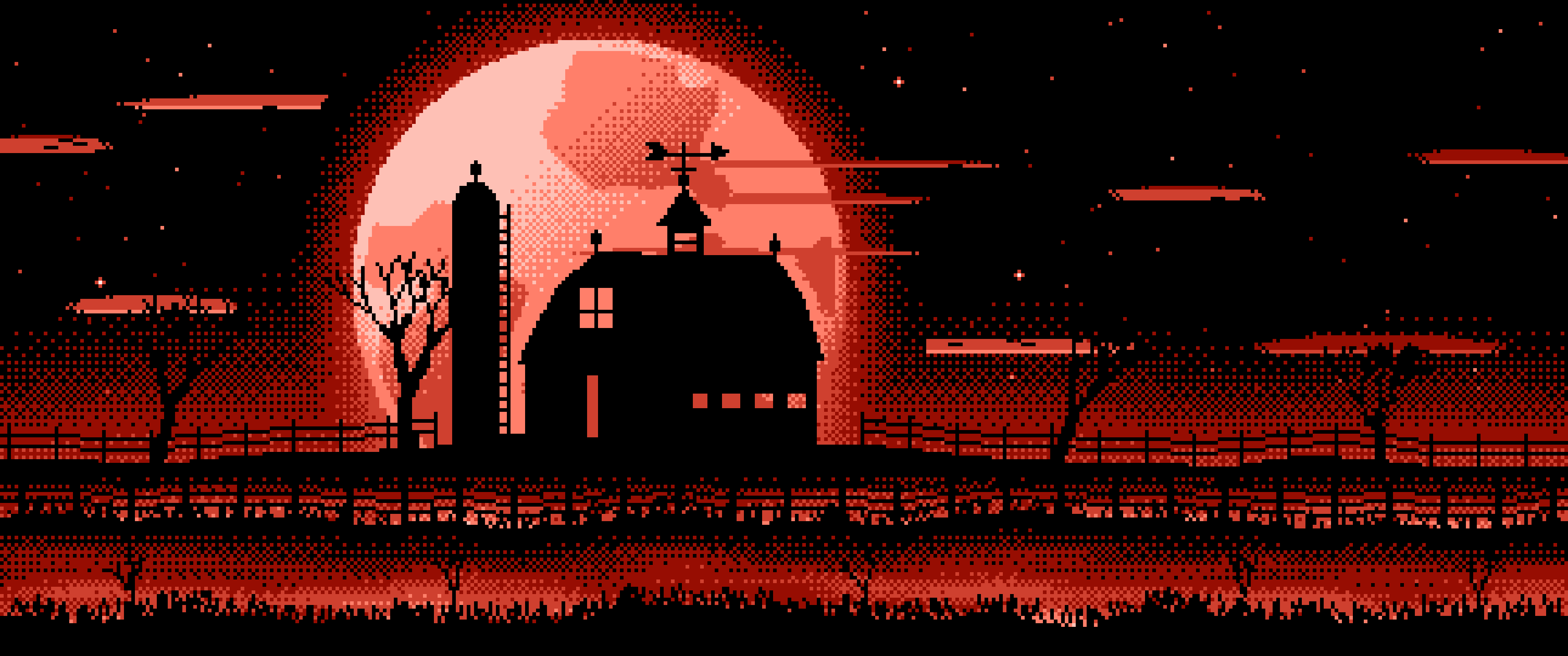 Coral Pixel Art Barn and Harvest Moon ultrawide wallpaper, 3440 × 1440