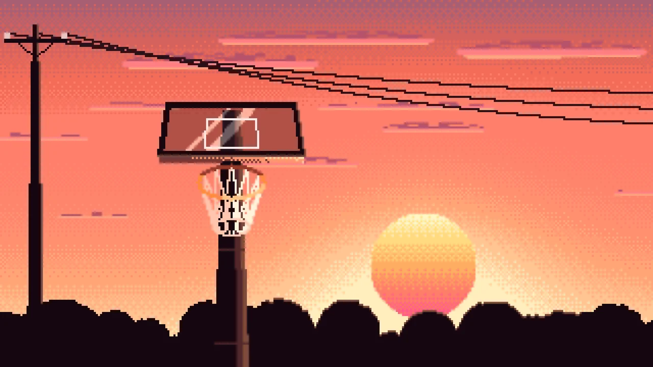 Coral Pixel Art Basketball Hoop at Sunset desktop wallpaper in 4K