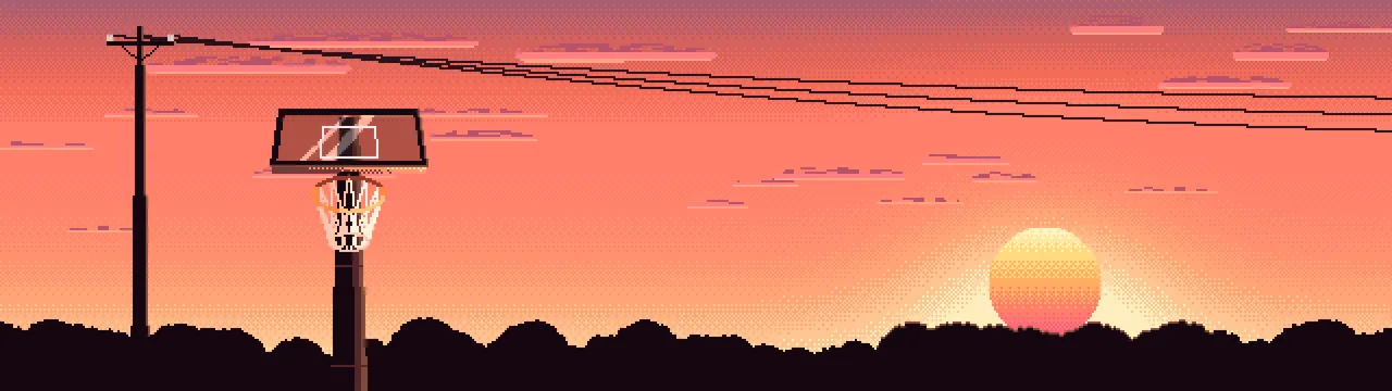 Coral Pixel Art Basketball Hoop at Sunset dual monitor wallpaper, 7680 × 2160