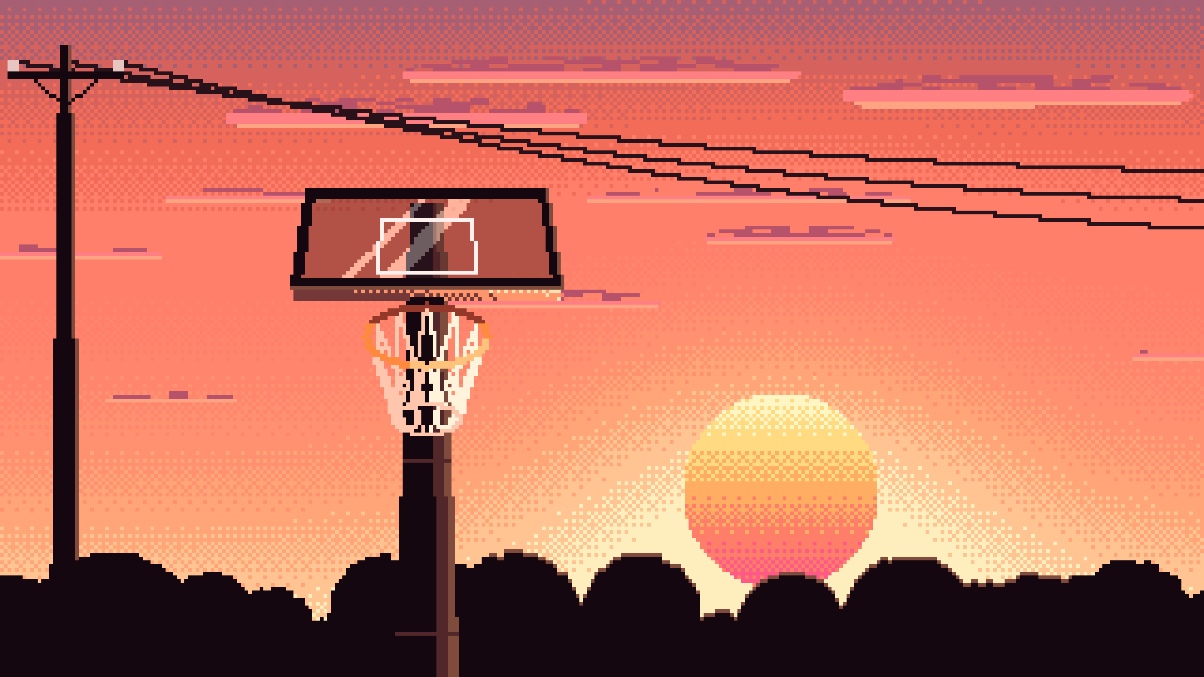 Coral Pixel Art Basketball Hoop at Sunset desktop wallpaper in 4K