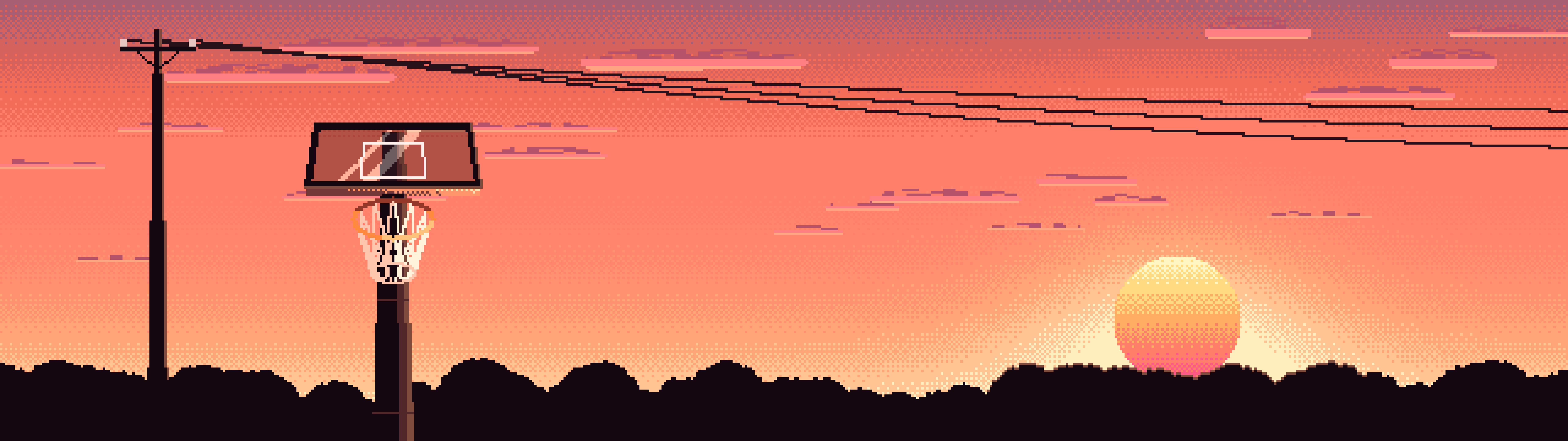 Coral Pixel Art Basketball Hoop at Sunset dual monitor wallpaper, 7680 × 2160
