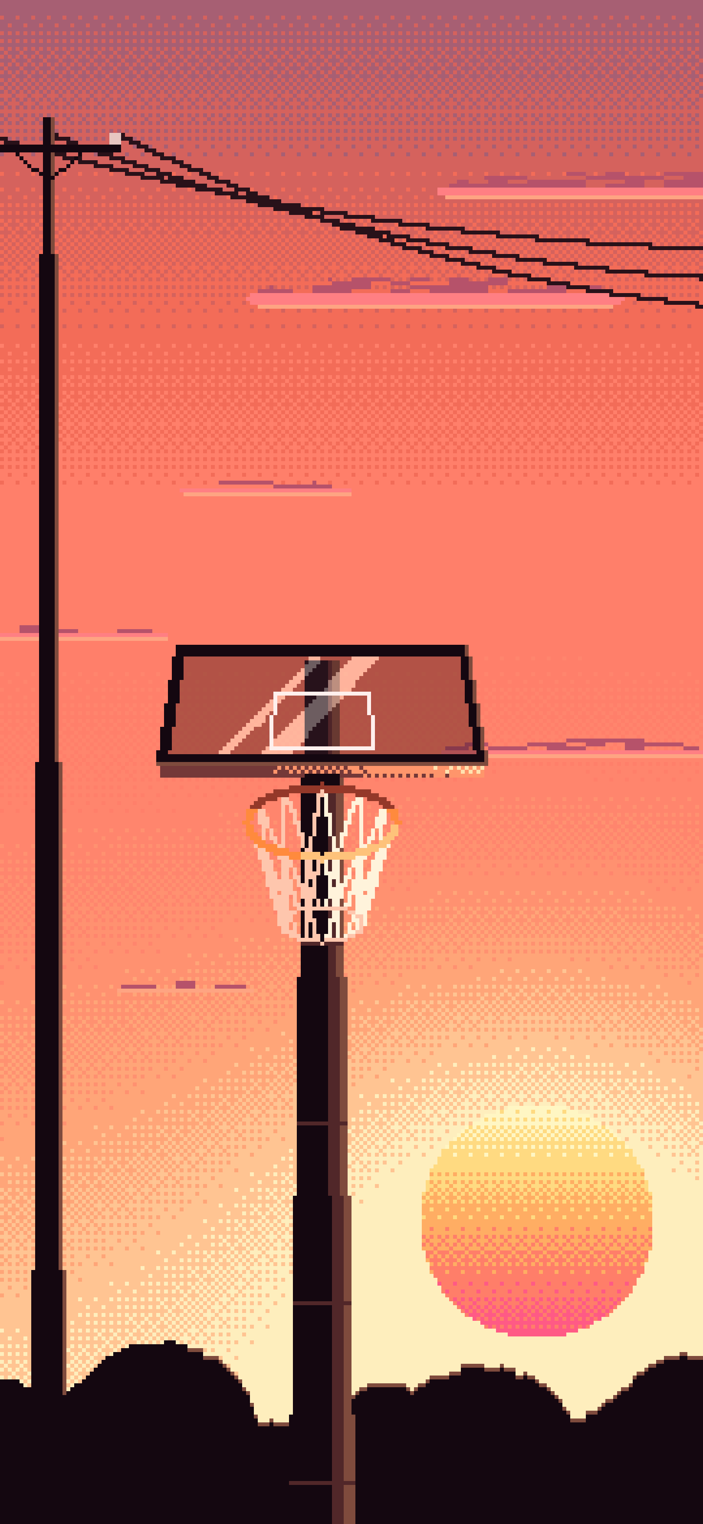 Coral Pixel Art Basketball Hoop at Sunset wallpaper for iPhone and Android