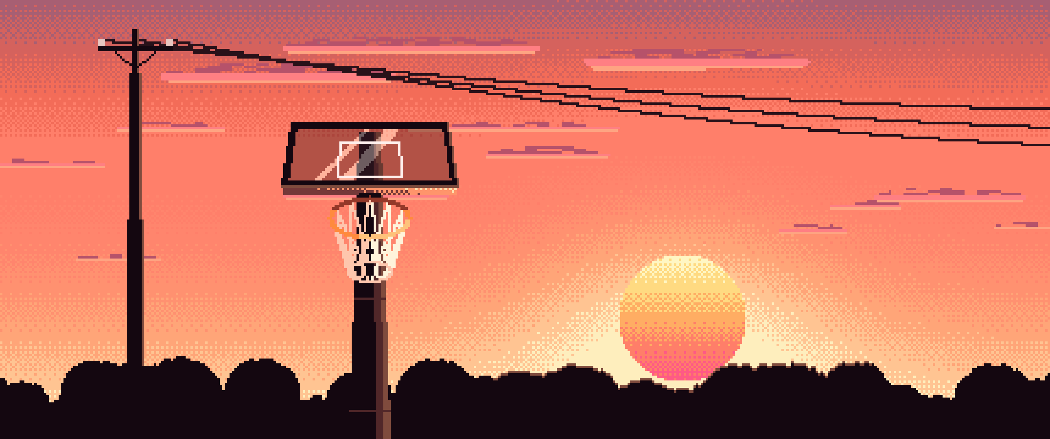 Coral Pixel Art Basketball Hoop at Sunset ultrawide wallpaper, 3440 × 1440