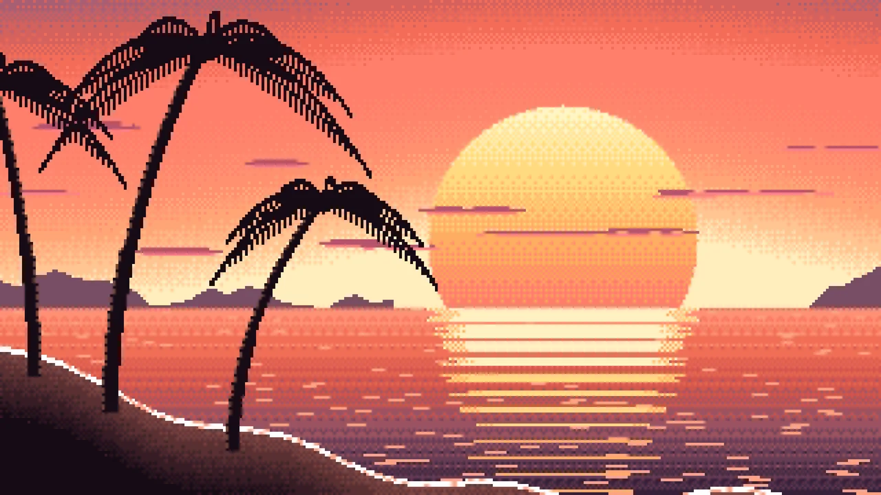 Coral Pixel Art Beach Sunset desktop wallpaper in 4K