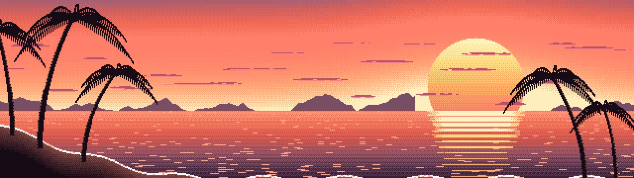 Coral Pixel Art Beach Sunset dual monitor wallpaper, 7680 × 2160