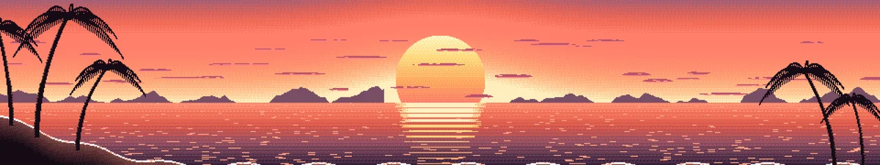 Coral Pixel Art Beach Sunset triple monitor wallpaper, 7680 × 1440