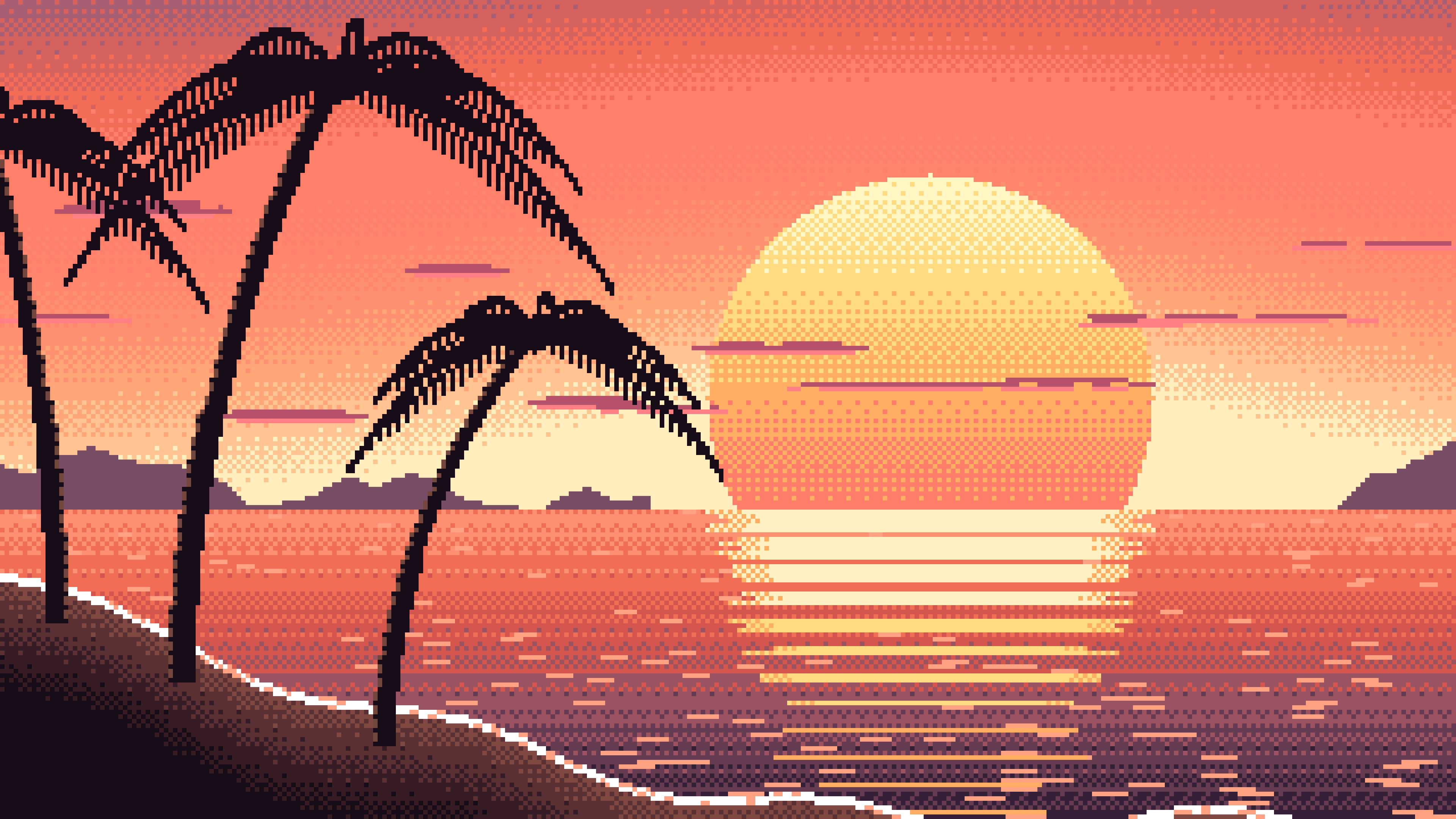Coral Pixel Art Beach Sunset desktop wallpaper in 4K