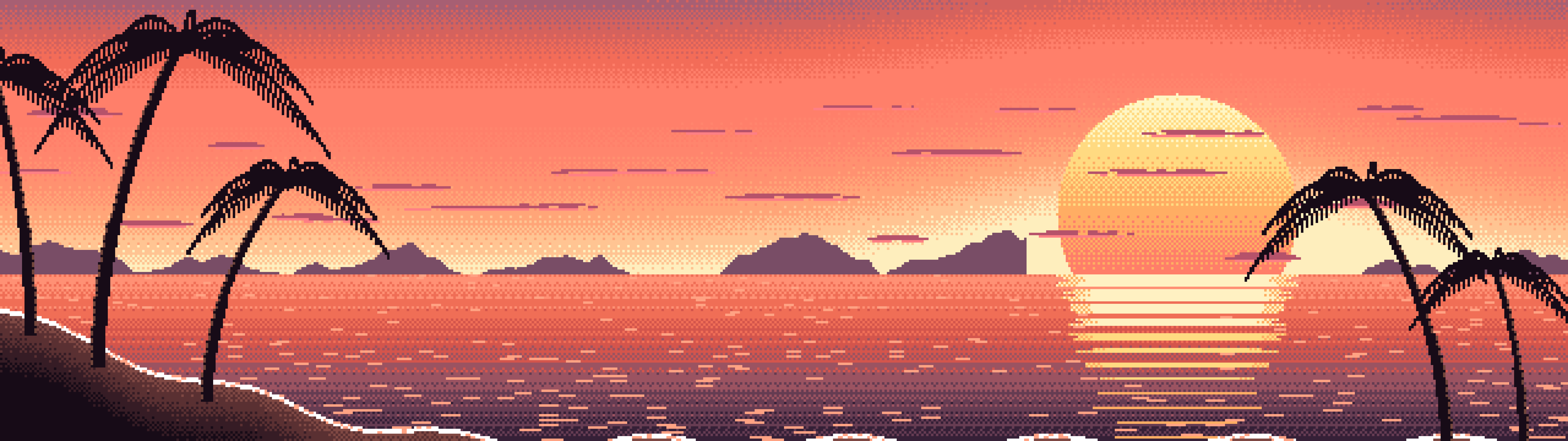 Coral Pixel Art Beach Sunset dual monitor wallpaper, 7680 × 2160