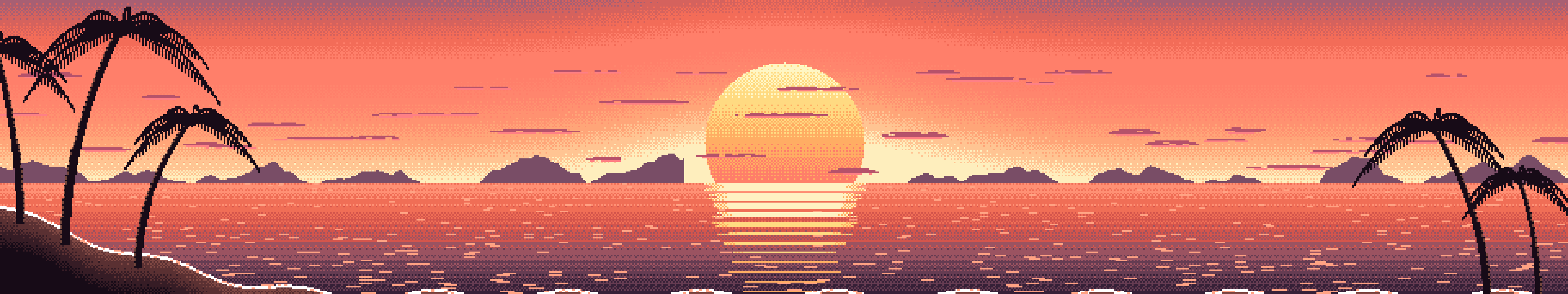 Coral Pixel Art Beach Sunset triple monitor wallpaper, 7680 × 1440
