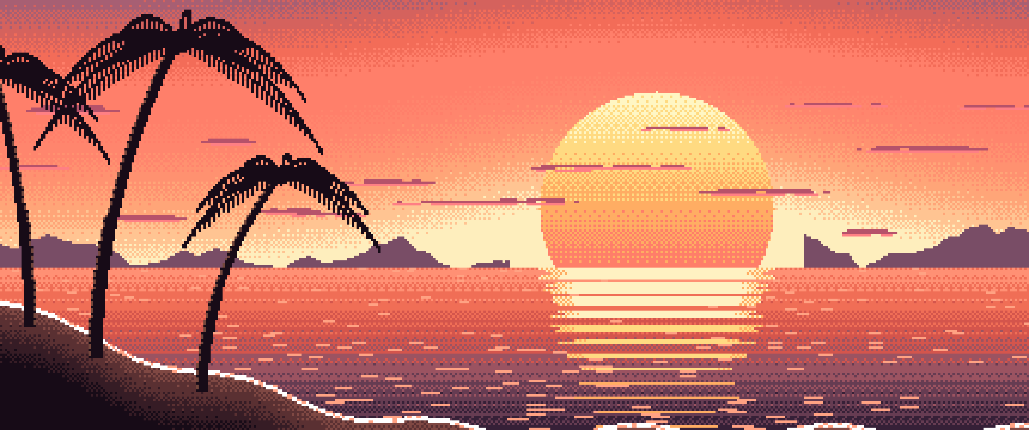 Coral Pixel Art Beach Sunset ultrawide wallpaper, 3440 × 1440