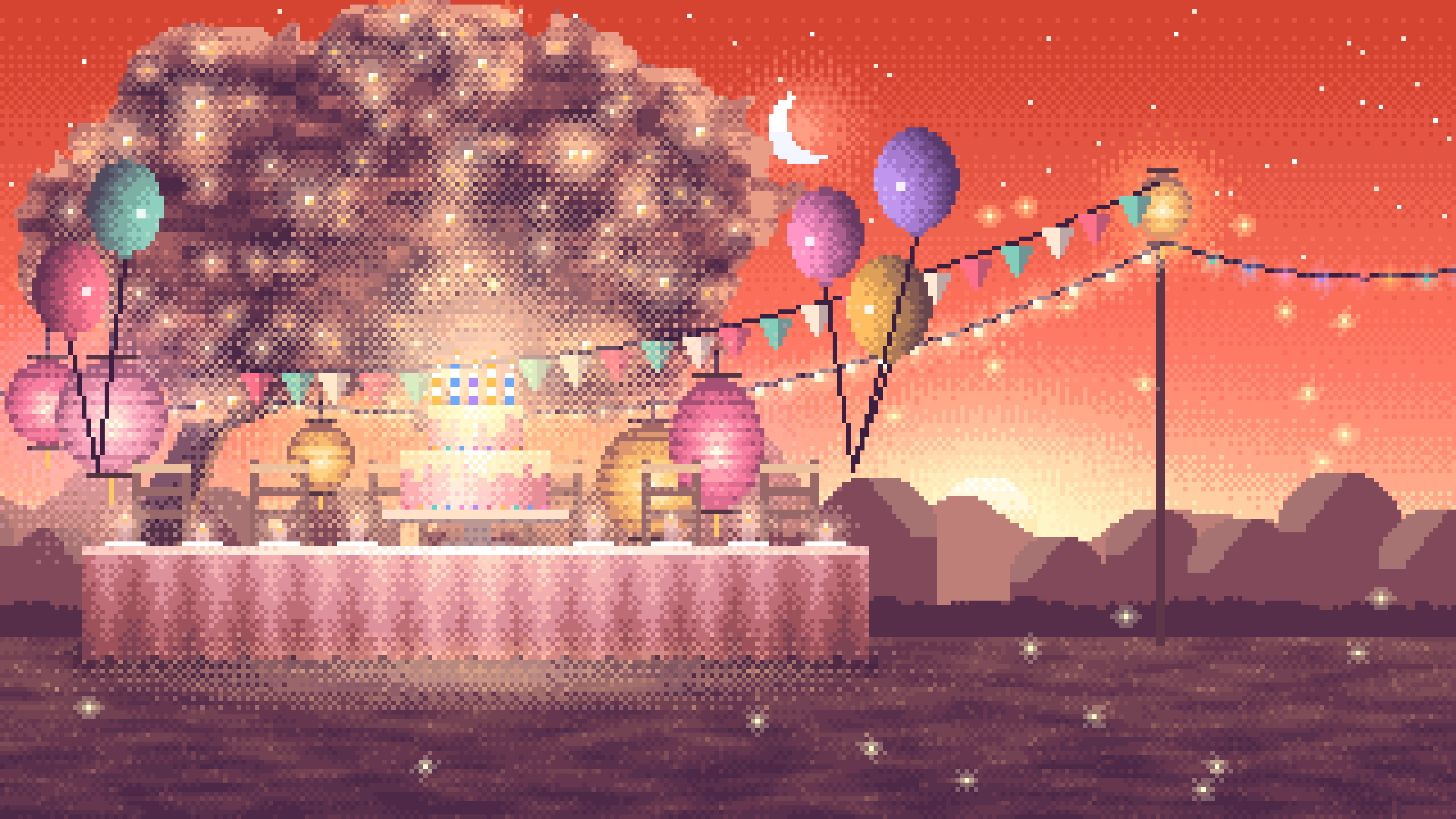Coral Pixel Art Birthday Garden Party desktop wallpaper in 4K