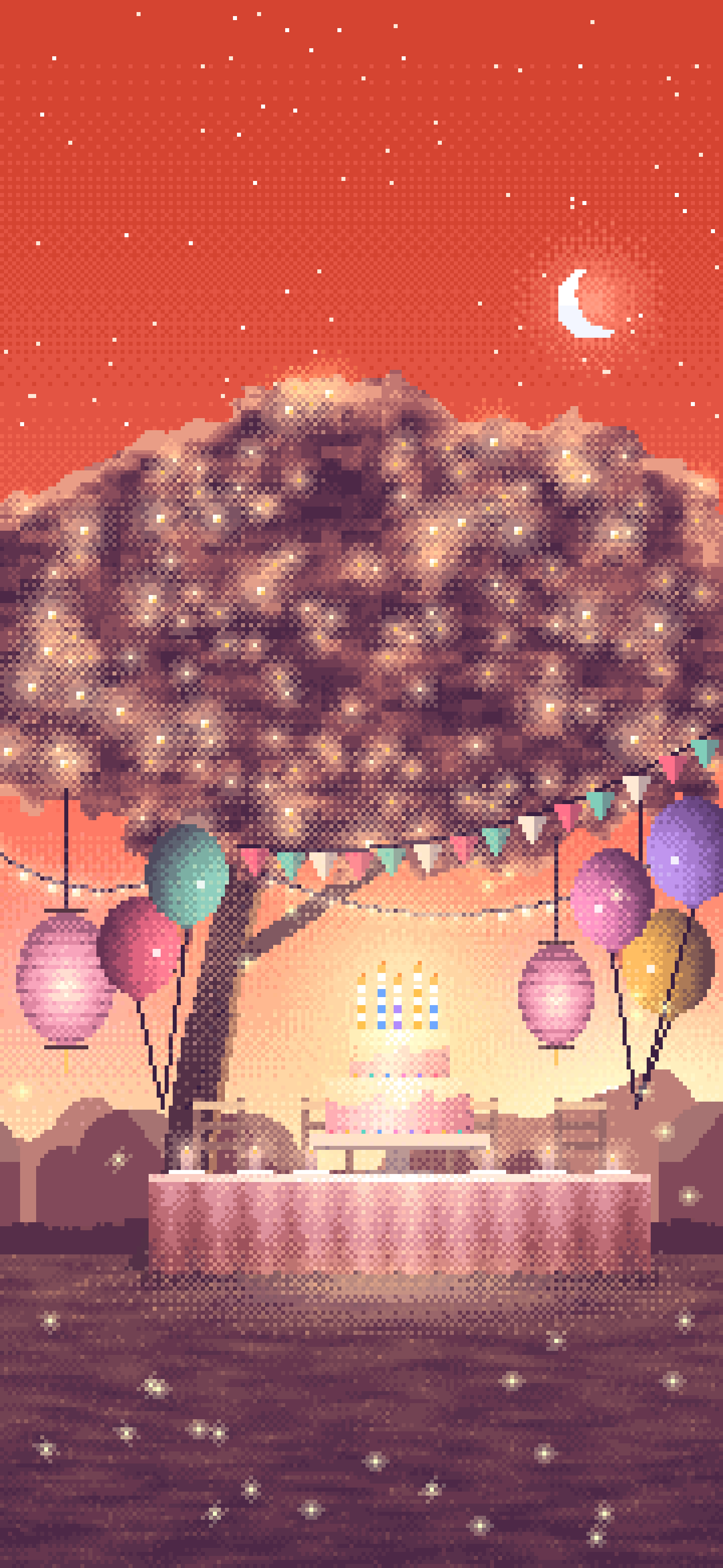 Coral Pixel Art Birthday Garden Party wallpaper for iPhone and Android