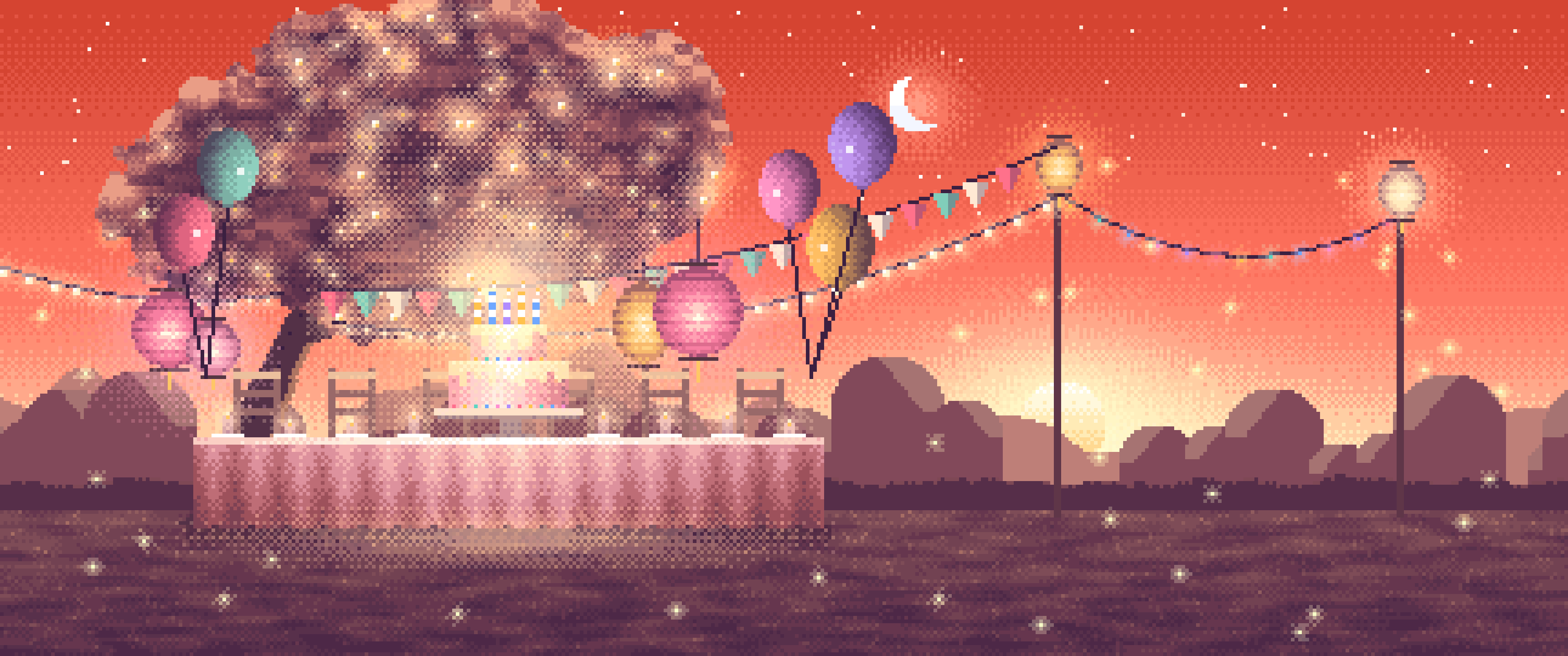 Coral Pixel Art Birthday Garden Party ultrawide wallpaper, 3440 × 1440
