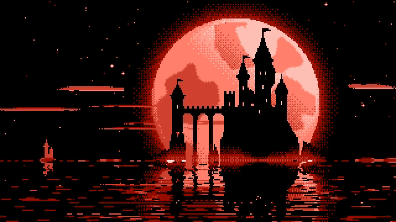 Coral Pixel Art Castle and Full Moon desktop wallpaper in 4K