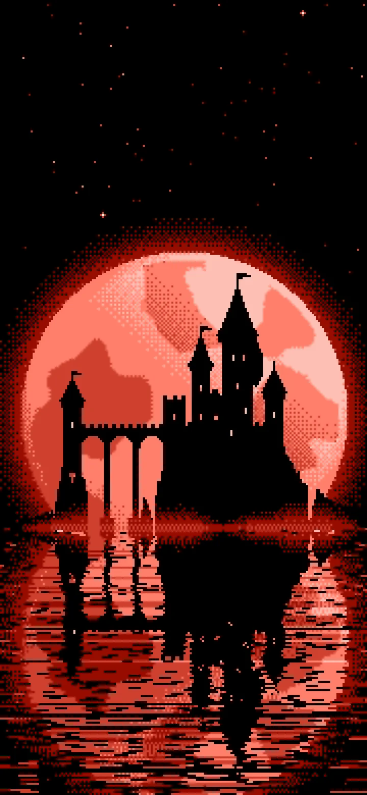 Coral Pixel Art Castle and Full Moon wallpaper for iPhone and Android