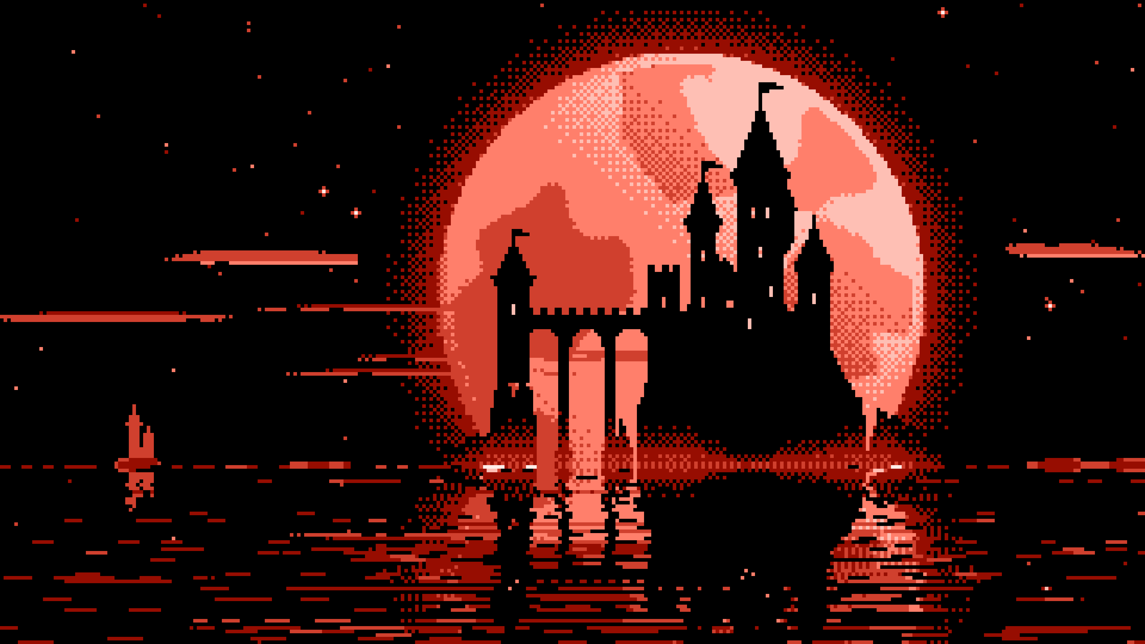 Coral Pixel Art Castle and Full Moon desktop wallpaper in 4K