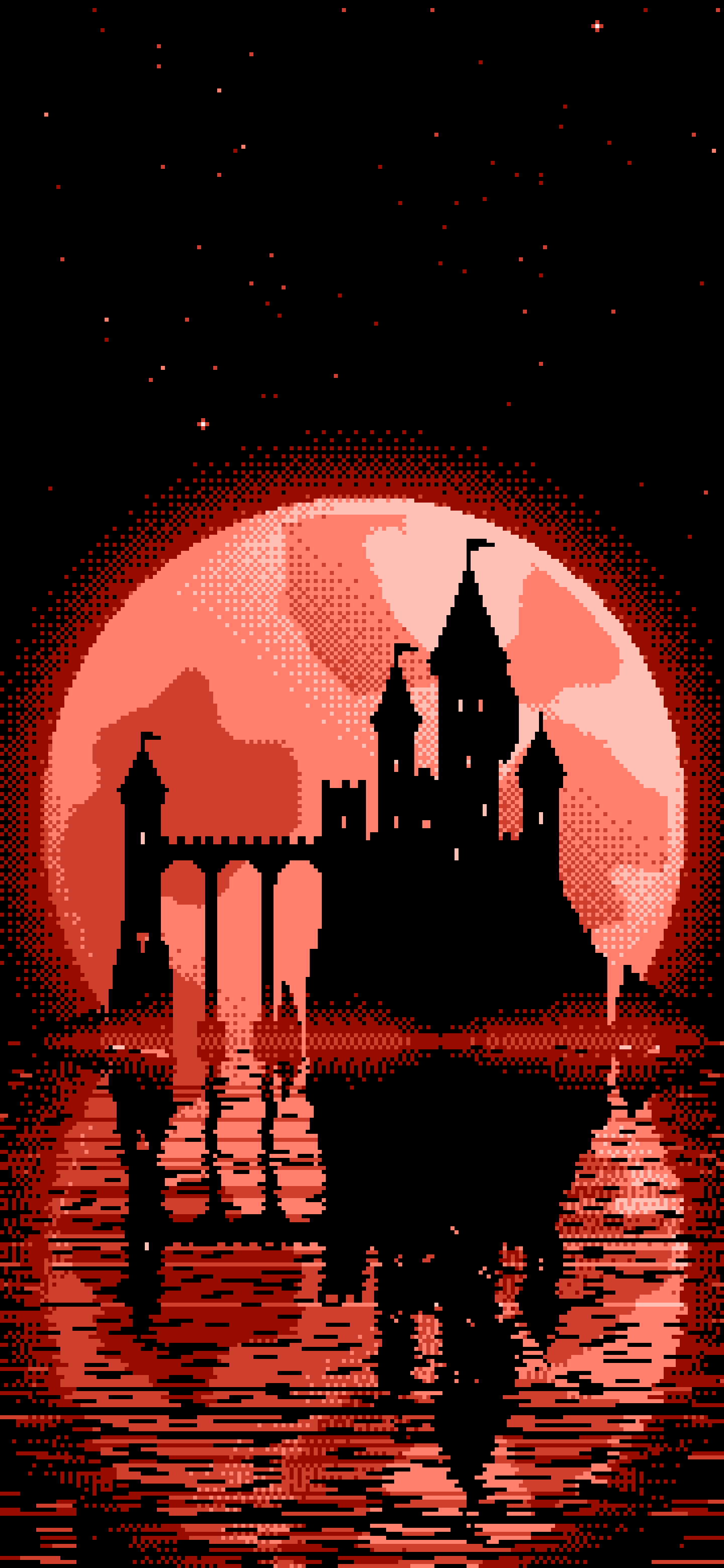 Coral Pixel Art Castle and Full Moon wallpaper for iPhone and Android