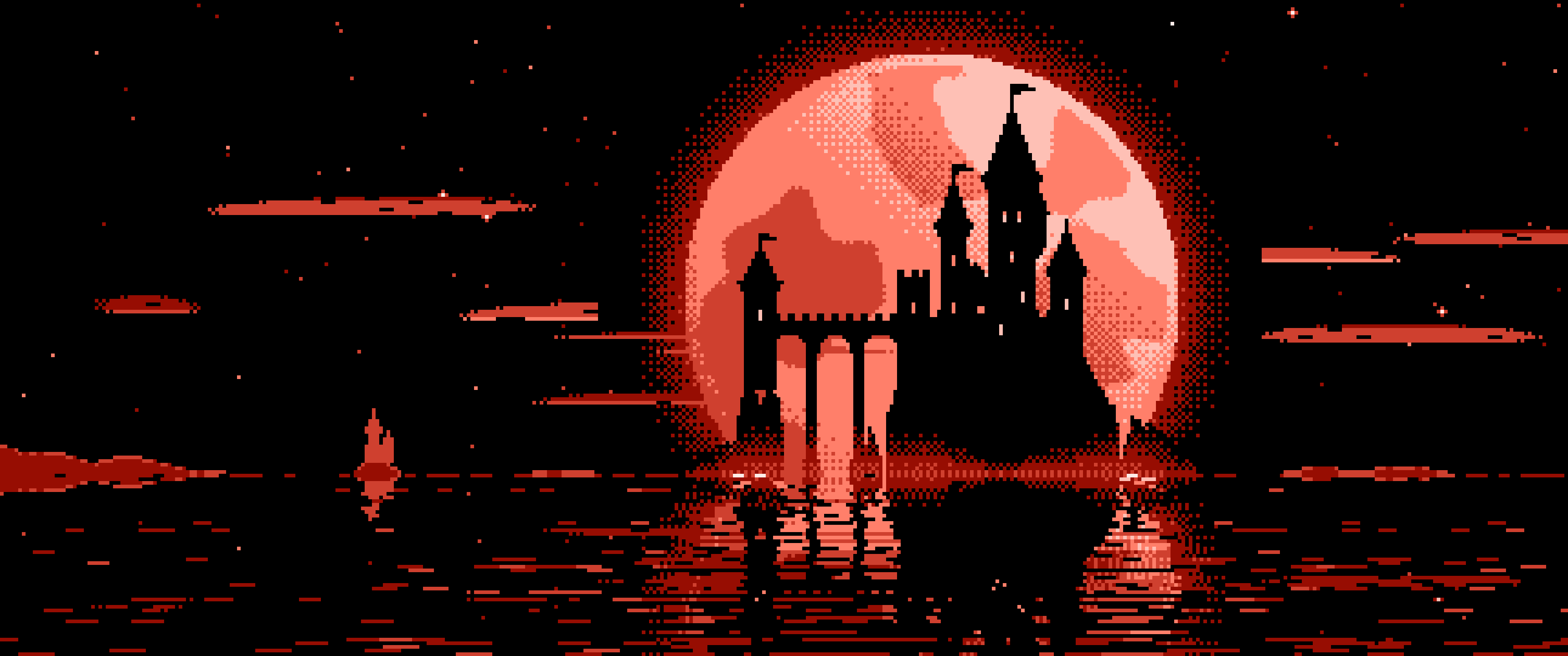 Coral Pixel Art Castle and Full Moon ultrawide wallpaper, 3440 × 1440