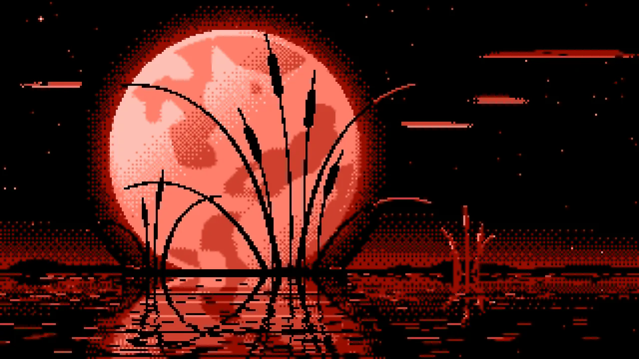 Coral Pixel Art Cattails and Full Moon desktop wallpaper in 4K